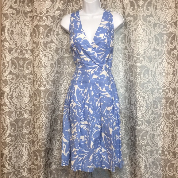 Lauren Ralph Lauren Linen Dress A Line Surplice Cut Blue and White Size 8 - Picture 2 of 15